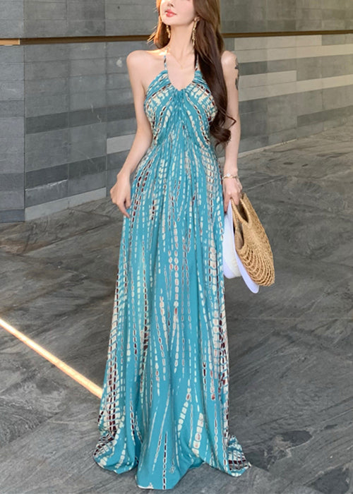 Stylish Blue Print Backless Cotton Vacation Dress Sleeveless