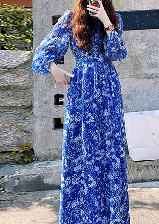 Stylish Blue Print High Waist Side Open Long Dresses Spring