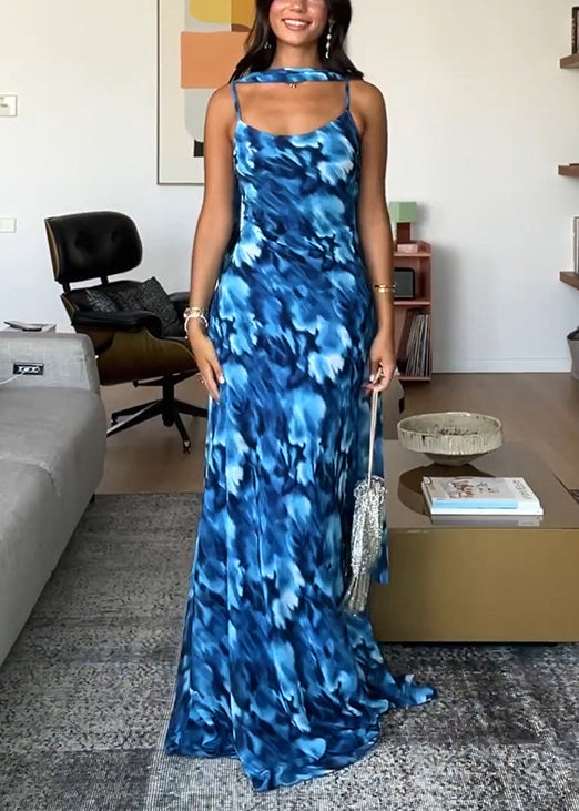 Stylish Blue Print Lace Up Tulle Spaghetti Strap Dress Sleeveless