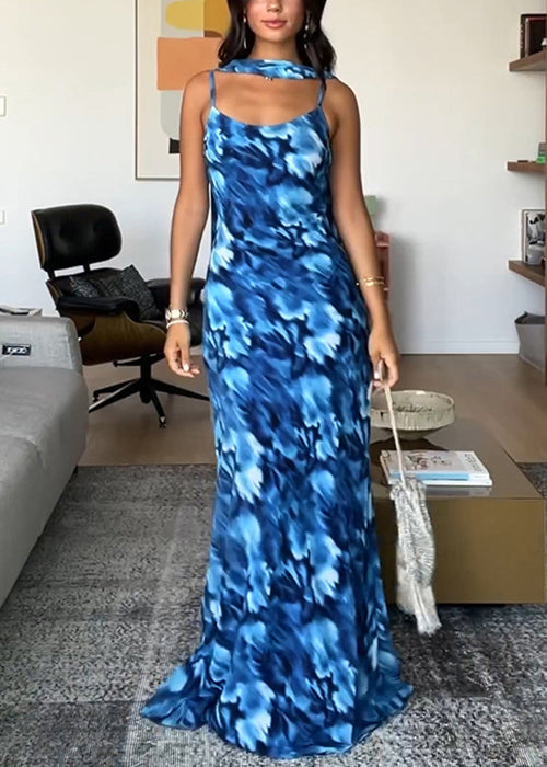 Stylish Blue Print Lace Up Tulle Spaghetti Strap Dress Sleeveless