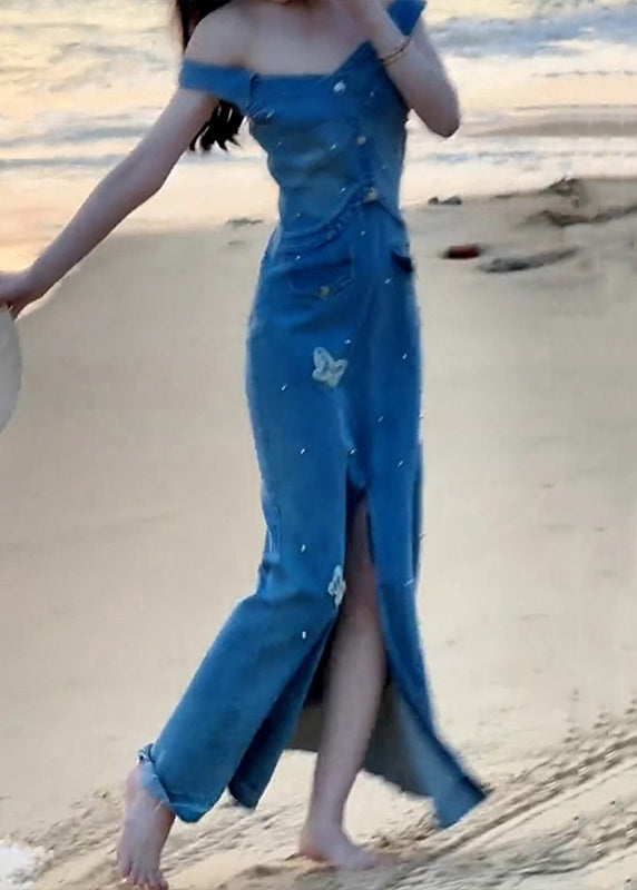 Stylish Blue Slash Neck Butterfly Front Open Denim Fish Tail Dress Sleeveless