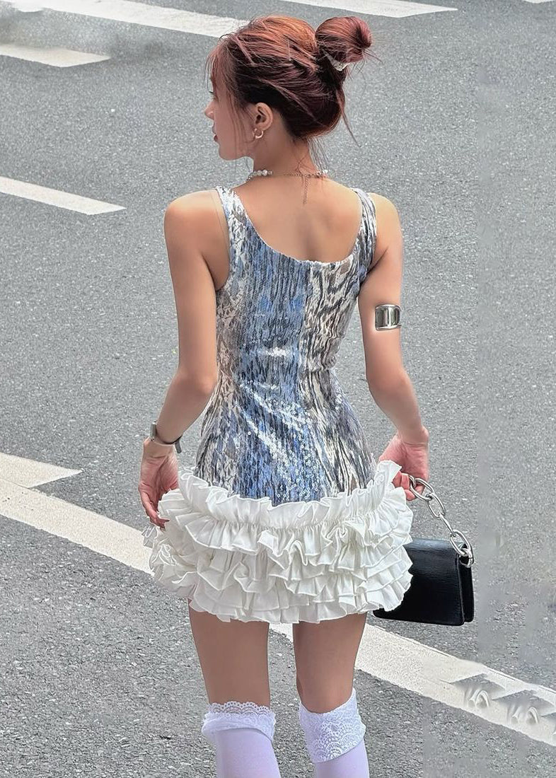 Stylish Blue Square Collar Sequins Patchwork Mini Dress Sleeveless