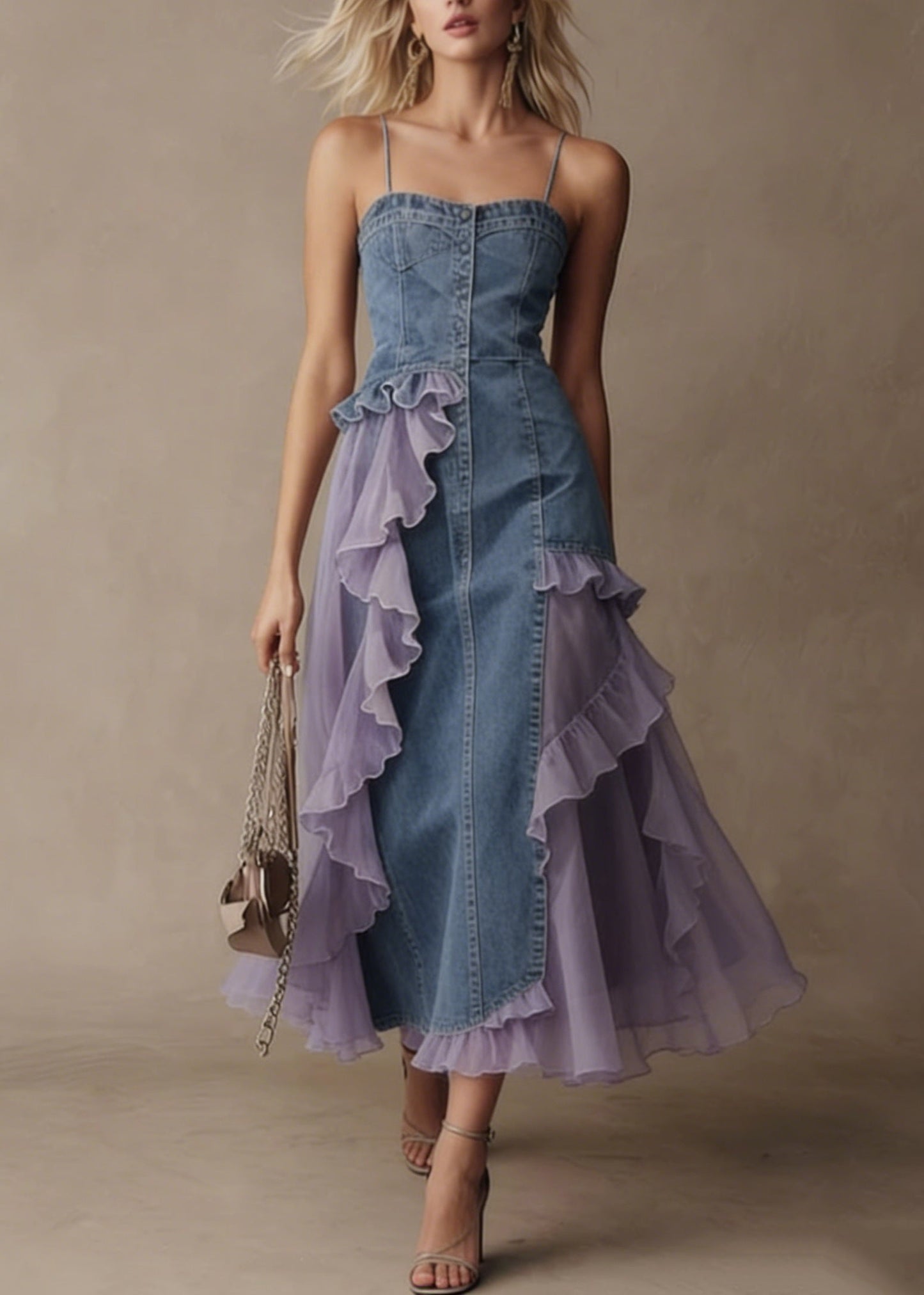 Stylish Blue Tulle Ruffled Patchwork Denim Spaghetti Strap Dress Summer