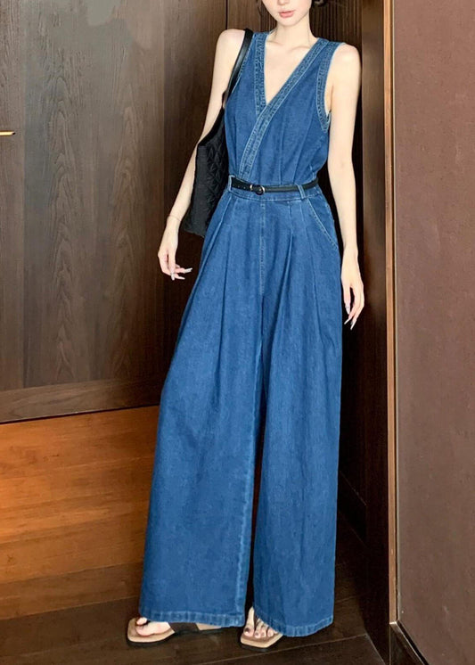 Stylish Blue V Neck Patchwork Denim Jumpsuits Sleeveless