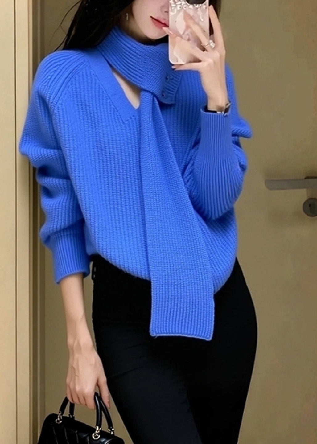 Stylish Blue V Neck With Scarf Knit Sweater Winter