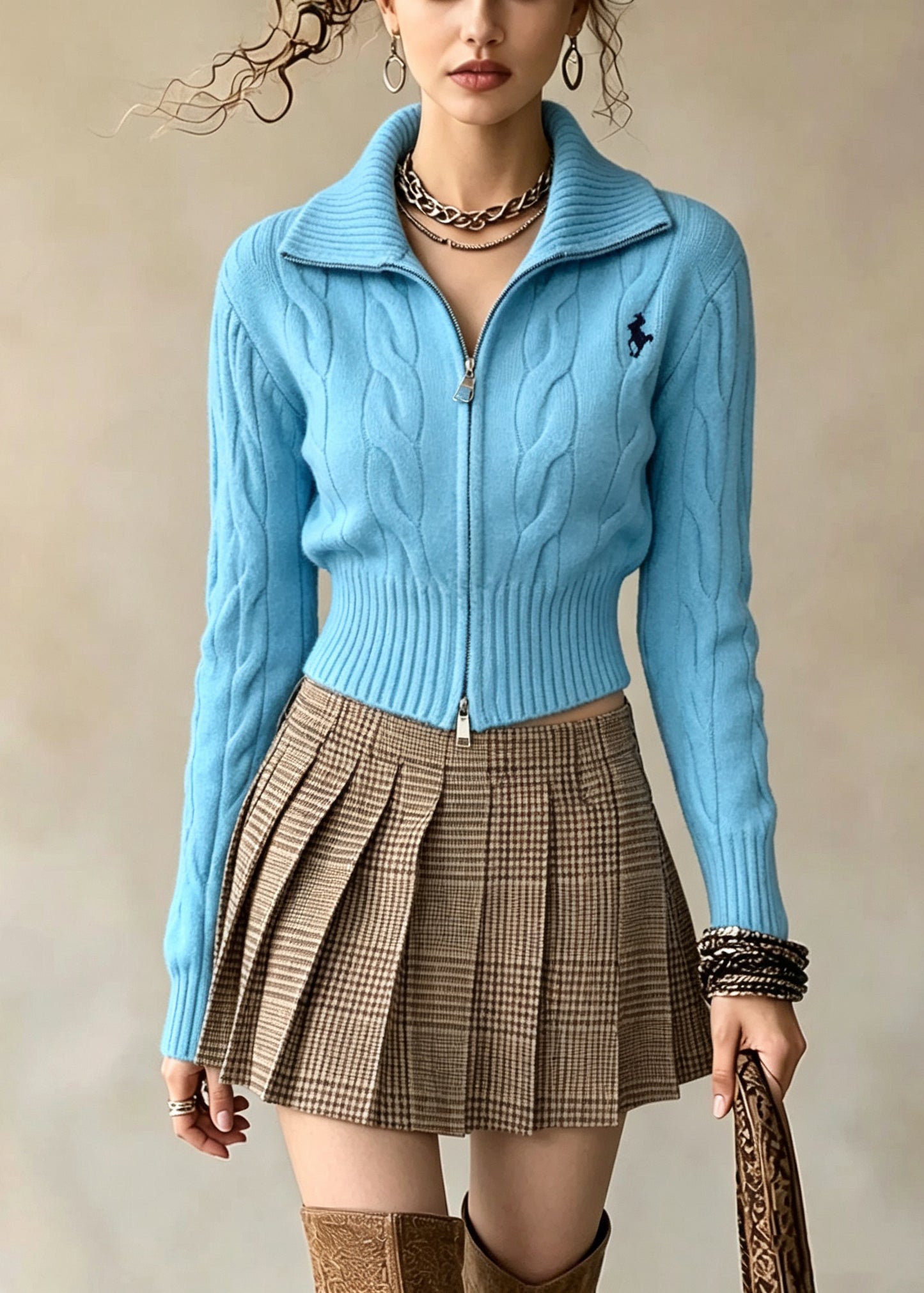 Stylish Blue Zip Up Embroidered Knit Sweater Coat Fall