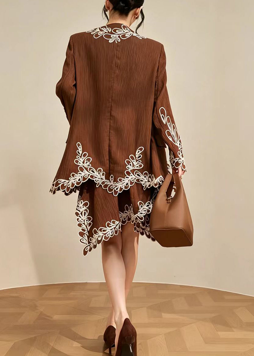 Stylish Brown Embroidered Blazer And Asymmetrical Skirts Two Pieces Set Fall
