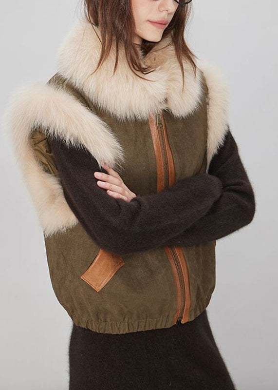 Stylish Brown Fur Collar Pockets Fine Cotton Filled Waistcoat Sleeveless