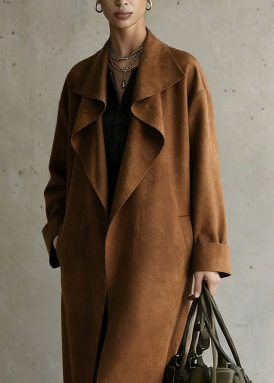 Stylish Brown Peter Pan Collar Pockets Solid Faux Suede Long Coat Spring