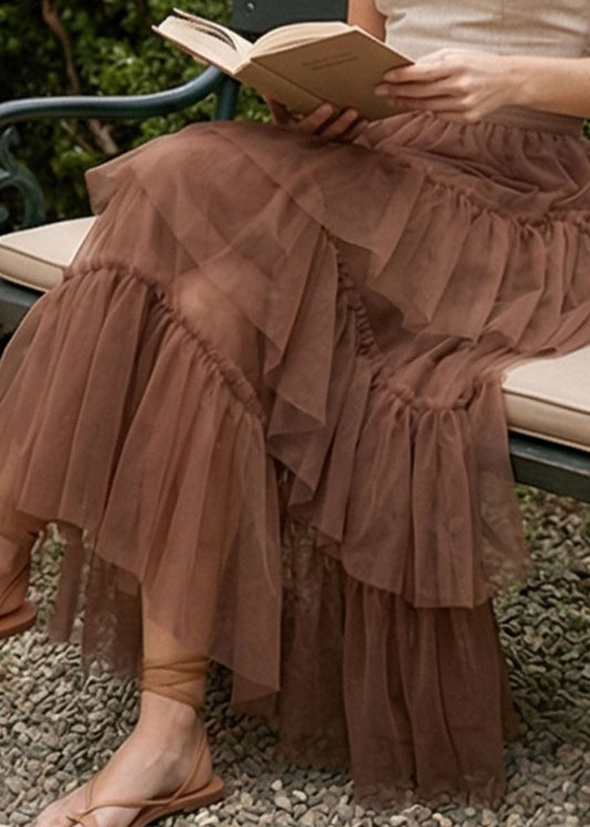 Stylish Coffee Asymmetrical Ruffled Patchwork Tulle Skirts Summer