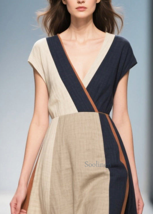Stylish Colorblock Asymmetrical Patchwork Cotton Dresses Summer