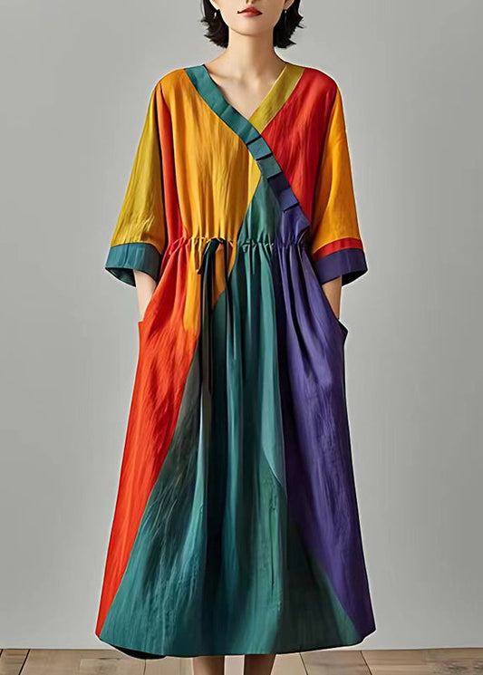 Stylish Colorblock Cinched Patchwork Cotton Long Dress Summer