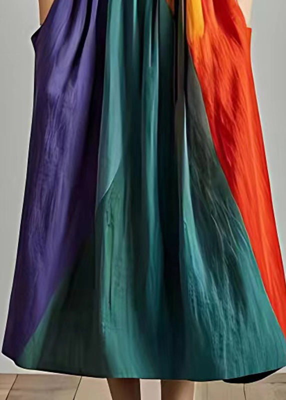 Stylish Colorblock Cinched Patchwork Cotton Long Dress Summer