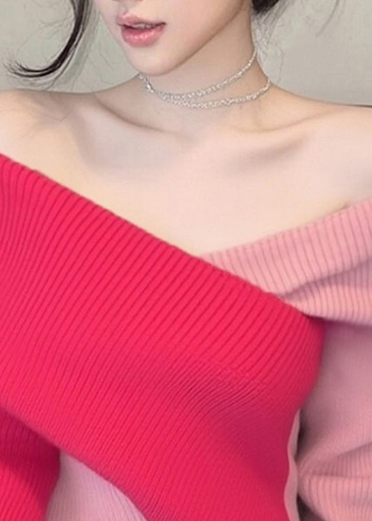 Stylish Colorblock Cold Shoulder Patchwork Knit Sweaters Spring