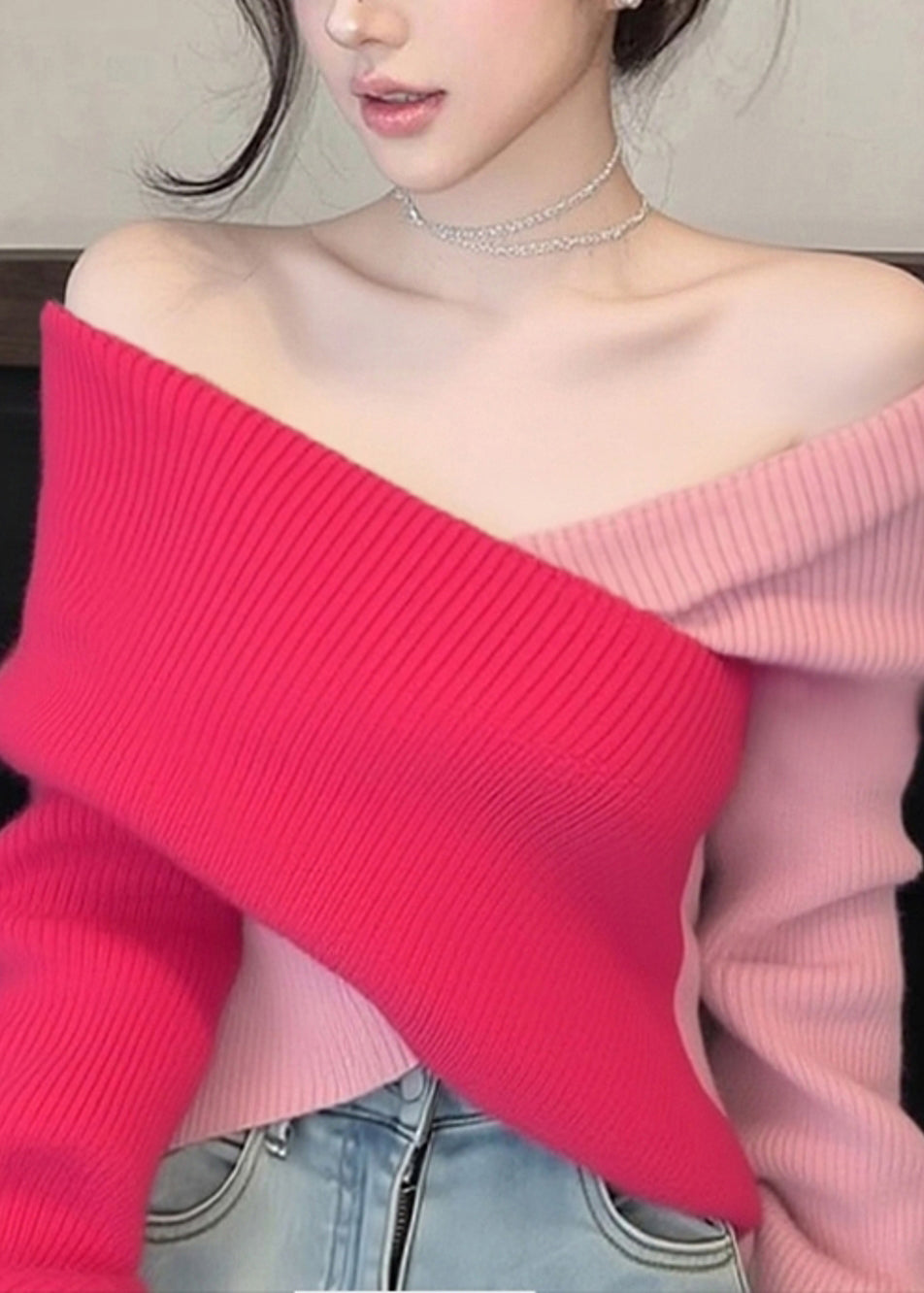 Stylish Colorblock Cold Shoulder Patchwork Knit Sweaters Spring