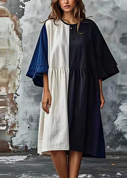 Stylish Colorblock Oversized Patchwork Cotton Dress Batwing Sleeve