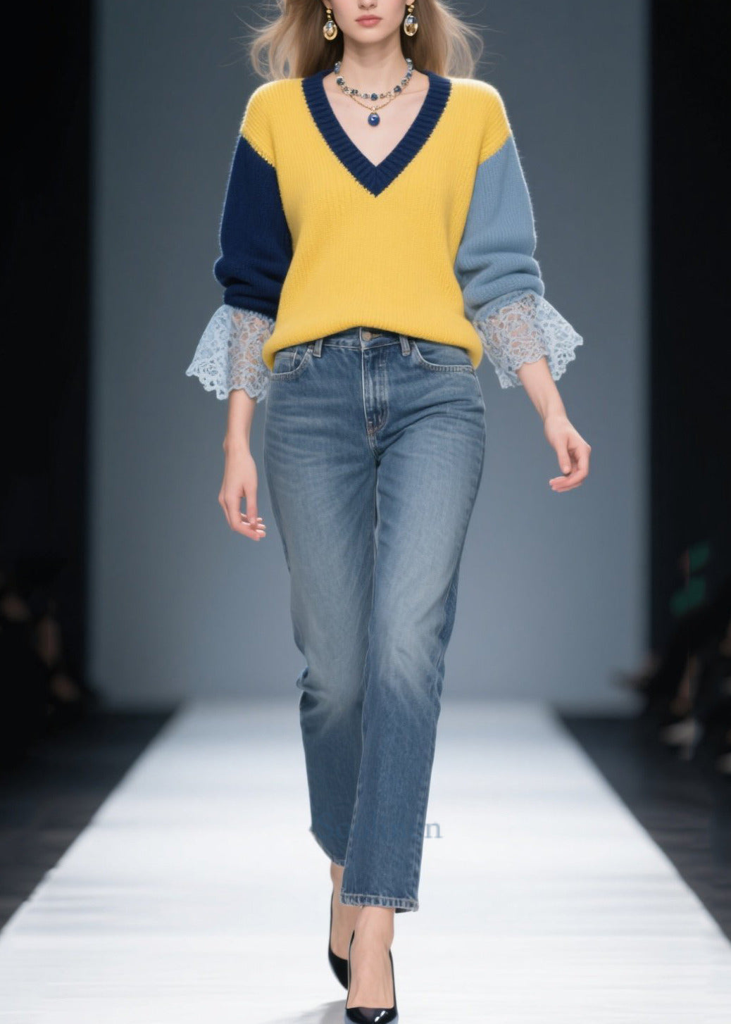 Stylish Colorblock V Neck Patchwork Lace Sweater Tops Winter