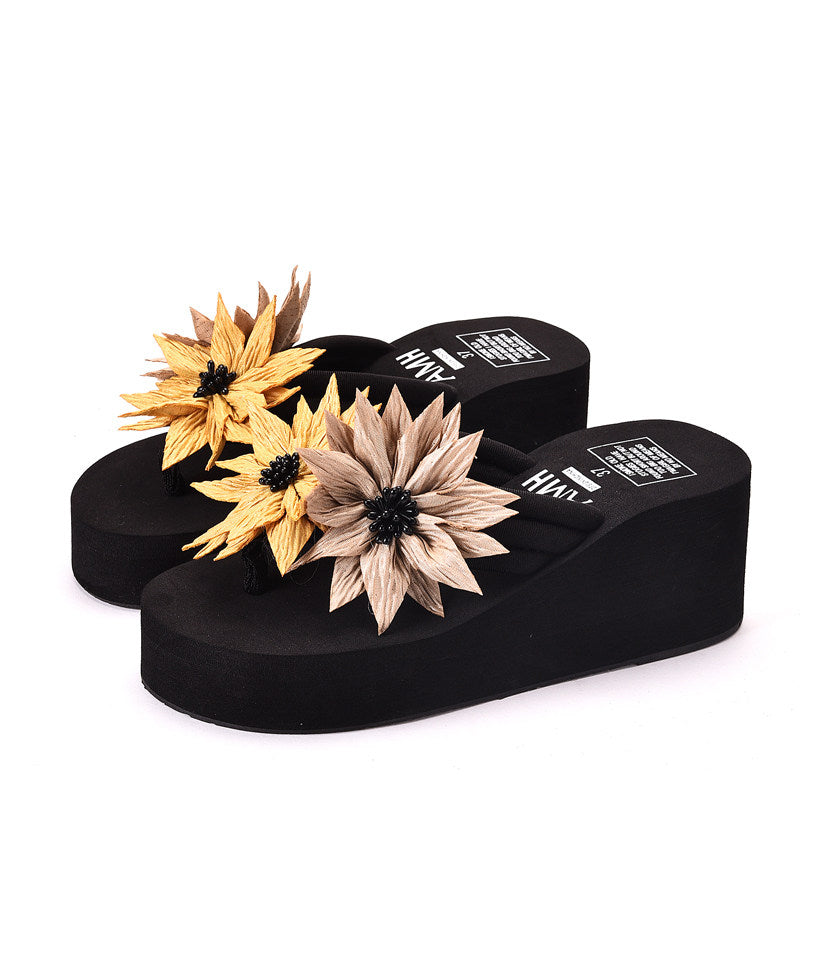 Stylish Floral Splicing Flip Flops Sandals Black Cotton Fabric