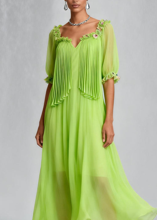 Stylish Fluorescent Green Wrinkled Floral Chiffon Dress Summer