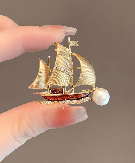 Stylish Gold Alloy Zircon Pearl Smooth Sailing Brooches