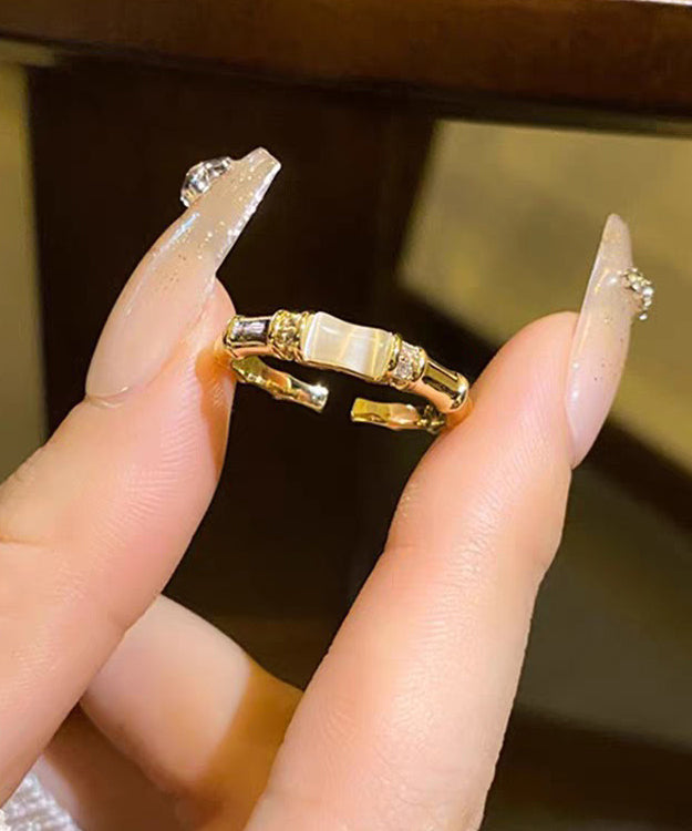 Stylish Gold Cat's Eeye Chalcedony Bamboo Joint Gold Plated Open Mouth Rings