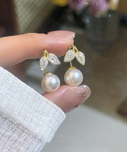 Stylish Gold Copper Overgild Zircon Leaves Pearl Drop Earrings