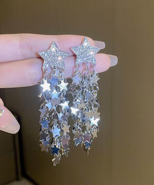 Stylish Gold Copper Overgild Zircon Pentagram Tassel Drop Earrings