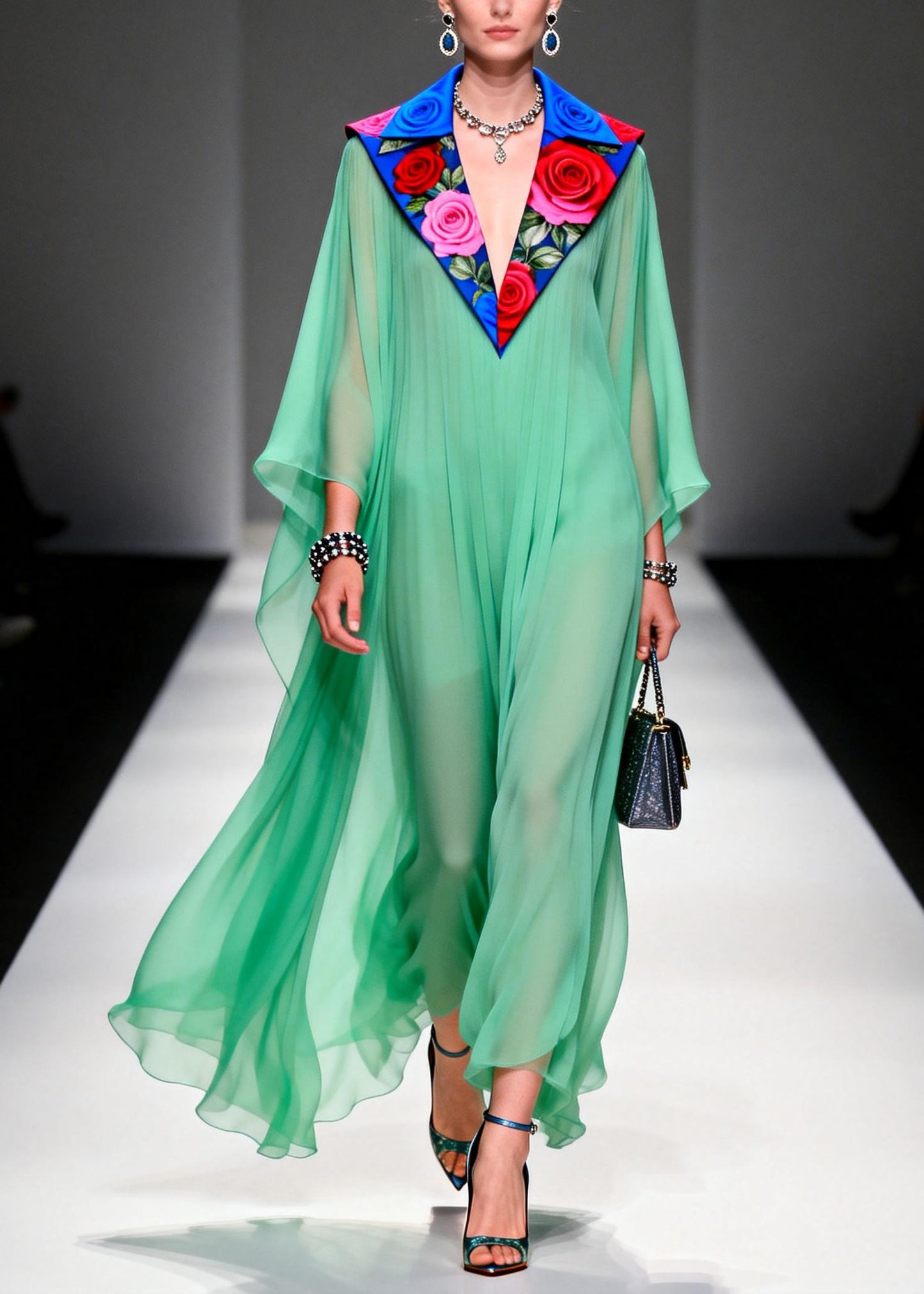 Stylish Grass Green Peter Pan Collar Patchwork Chiffon Dresses Summer