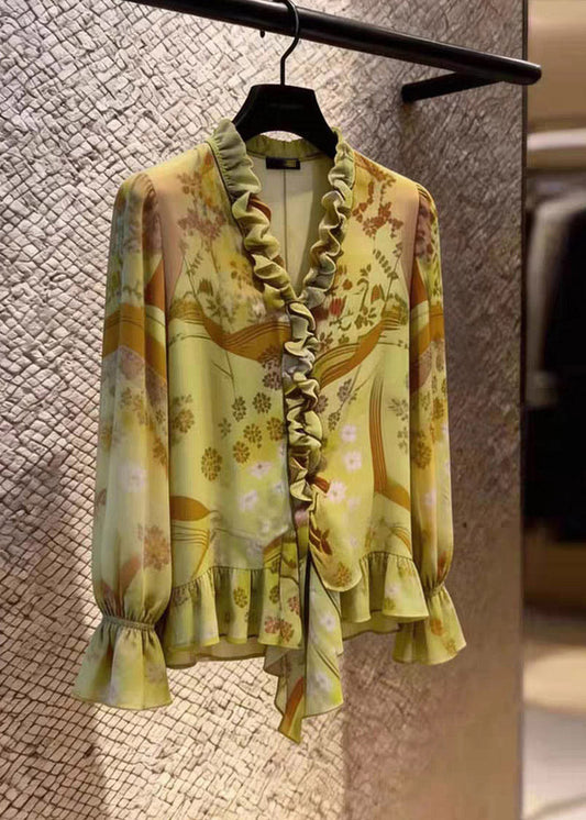 Stylish Green Asymmetrical Ruffled Patchwork Shirts Flare Sleeve