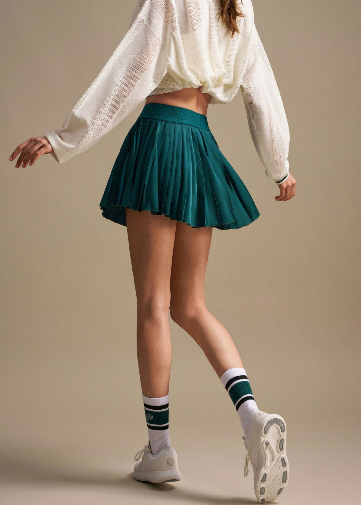 Stylish Green High Waist Built-In Shorts Athletic Pleated Skirt