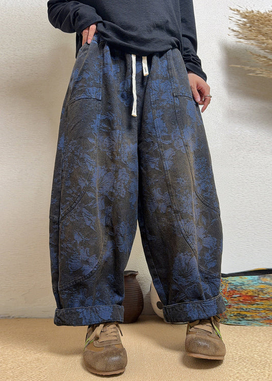 Stylish Green Jacquard Pockets Patchwork Denim Harem Pants Fall