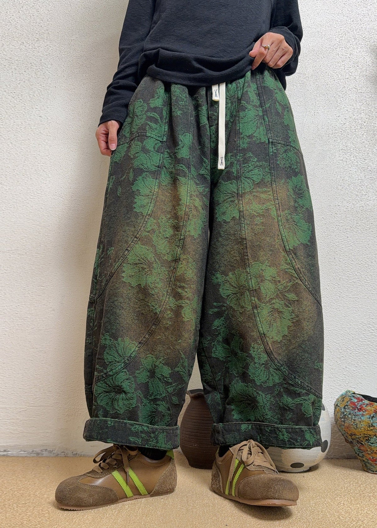 Stylish Green Jacquard Pockets Patchwork Denim Harem Pants Fall