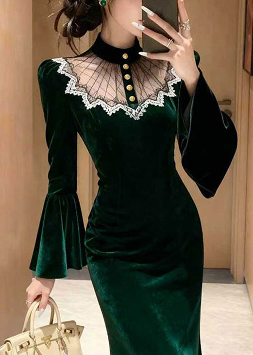 Stylish Green Lace Patchwork Silk Velvet Long Dress Flare Sleeve