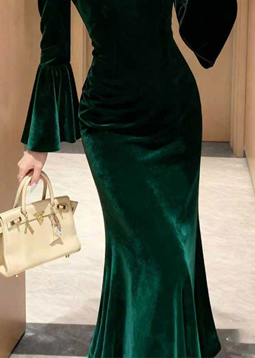 Stylish Green Lace Patchwork Silk Velvet Long Dress Flare Sleeve