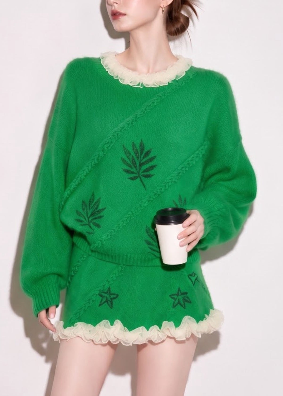 Stylish Green O-Neck Mesh Ruffled Sweater And Skirt Mink Hair Knitted Two Piece Set Fall