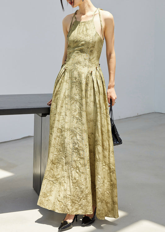 Stylish Green Print Lace Up Linen Spaghetti Strap Dress Sleeveless