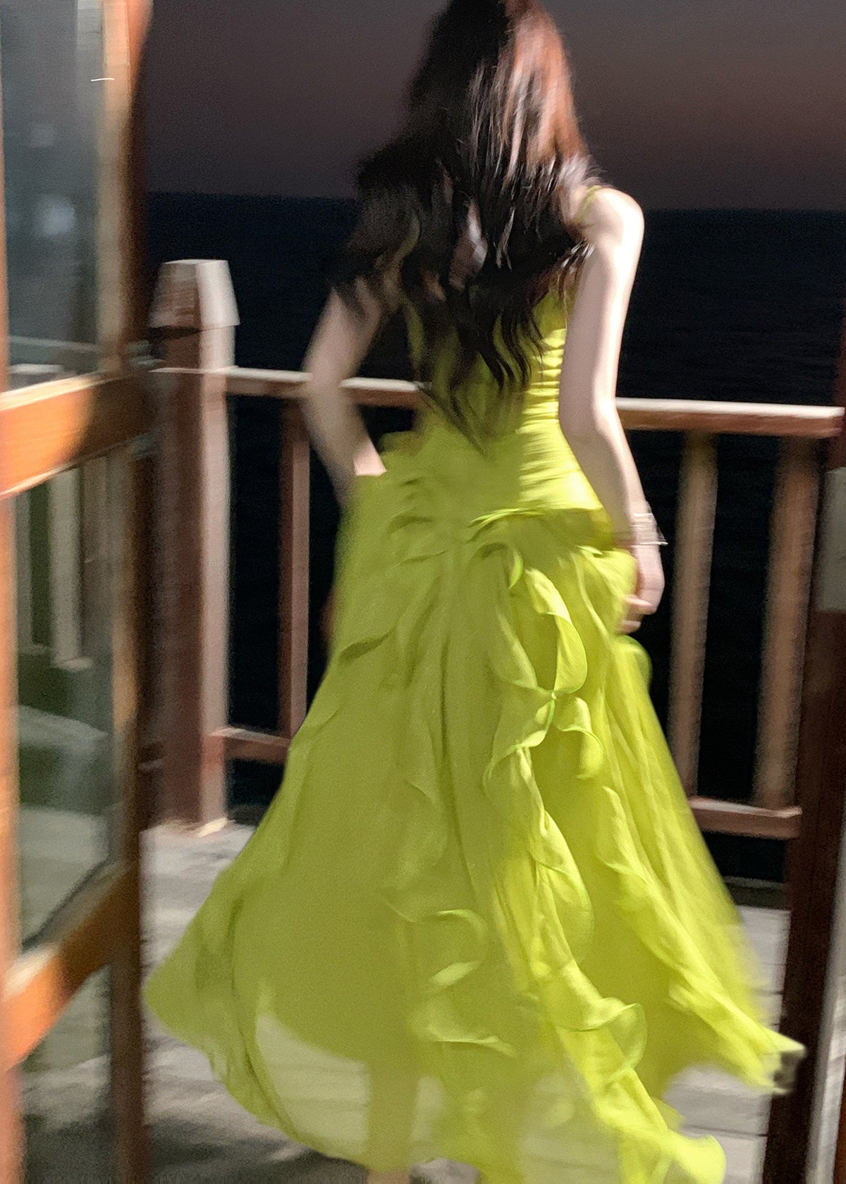 Stylish Green Ruffled Chiffon Spaghetti Strap Dress Summer