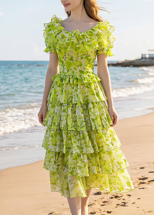 Stylish Green Ruffled Print Chiffon Two Piece Set Outfits Summer