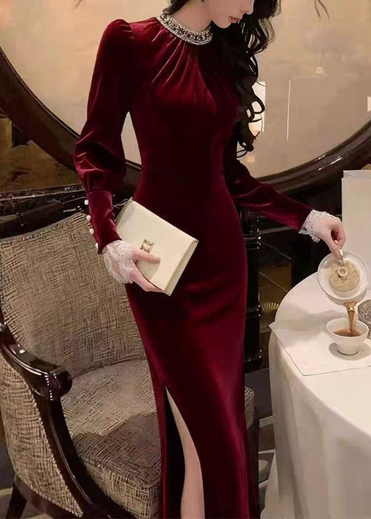 Stylish Green Side Open Slim Fit Silk Velvet Long Dress Winter