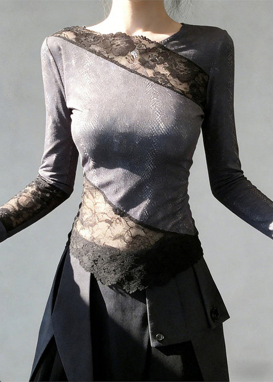 Stylish Grey Asymmetrical Lace Patchwork T Shirts Spring