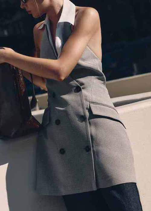 Stylish Grey Backless Double Breast Spandex Mini Dresses Sleeveless