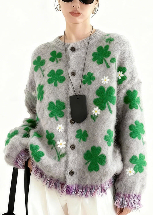 Stylish Grey Four Leaf Clover Button Knit Coats Spring