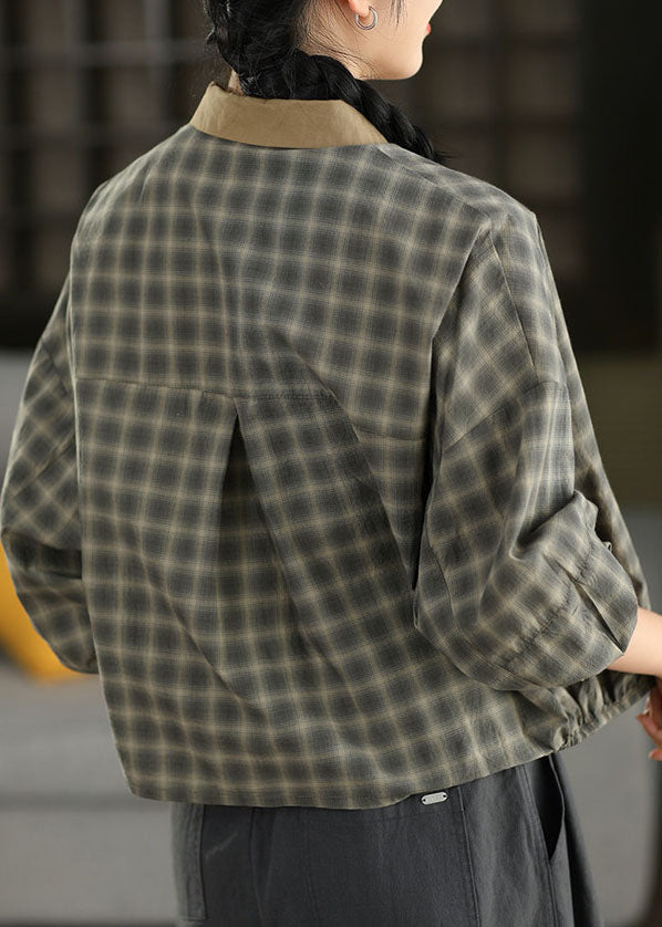 Stylish Grey Green Peter Pan Collar Plaid Button Shirt Fall