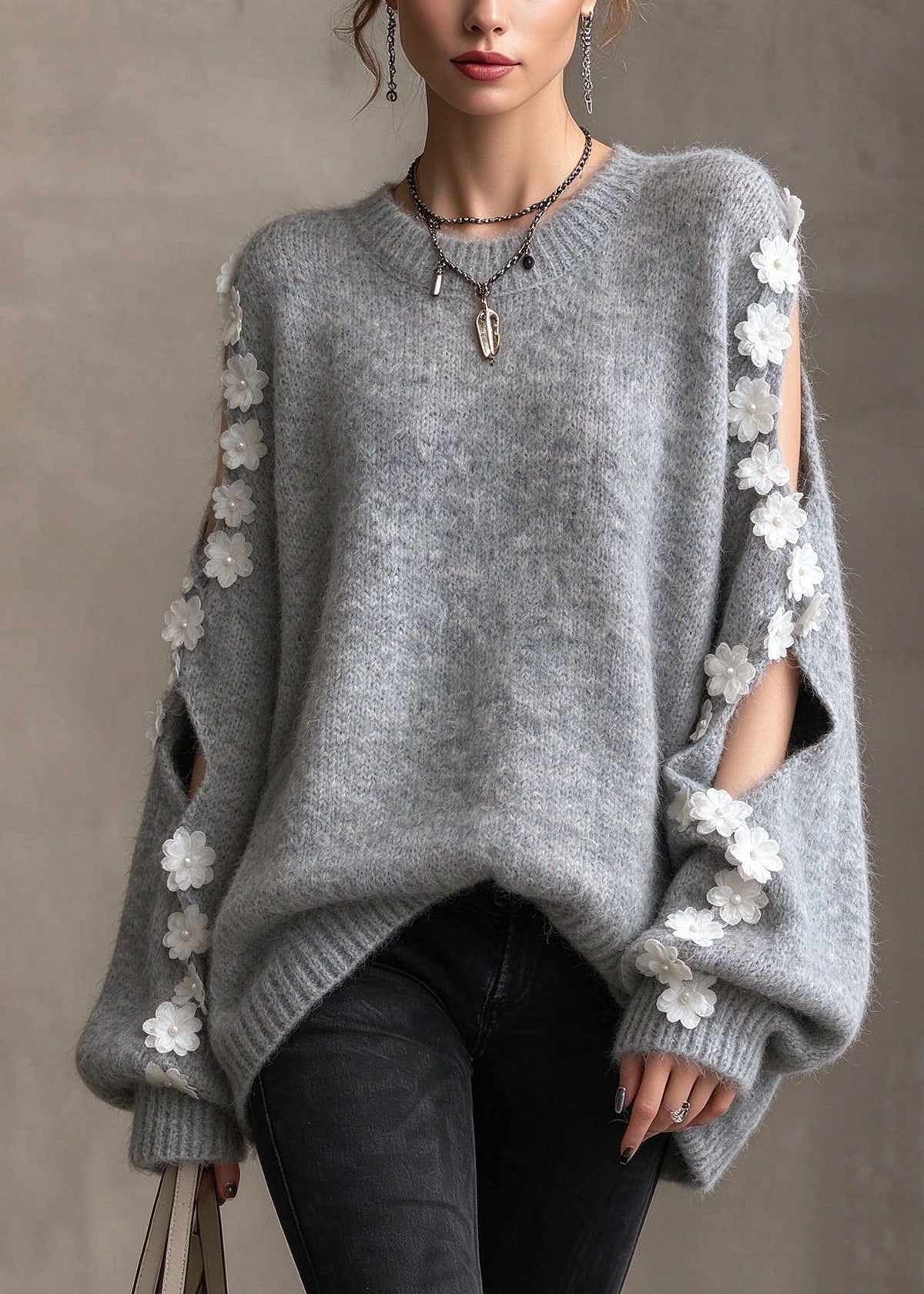 Stylish Grey O Neck Cold Shoulder Floral Patchwork Knit Sweaters Tops Fall