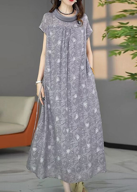 Stylish Grey Oversized Print Chiffon Maxi Dresses Summer