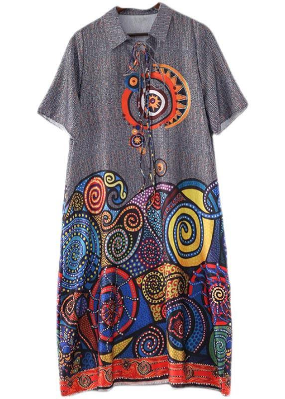 Stylish Grey Print tie Loose Vacation Summer Chiffon Dress - SooLinen