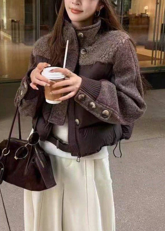 Stylish Grey Stand Collar Drawstring Patchwork Duck Down Down Coat Winter