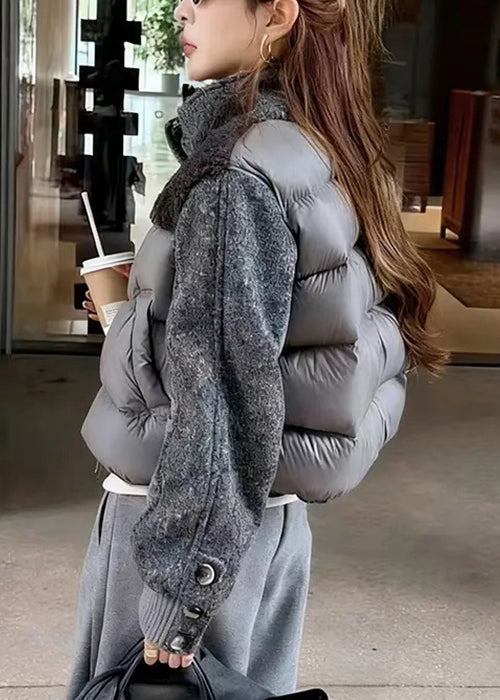 Stylish Grey Stand Collar Drawstring Patchwork Duck Down Down Coat Winter