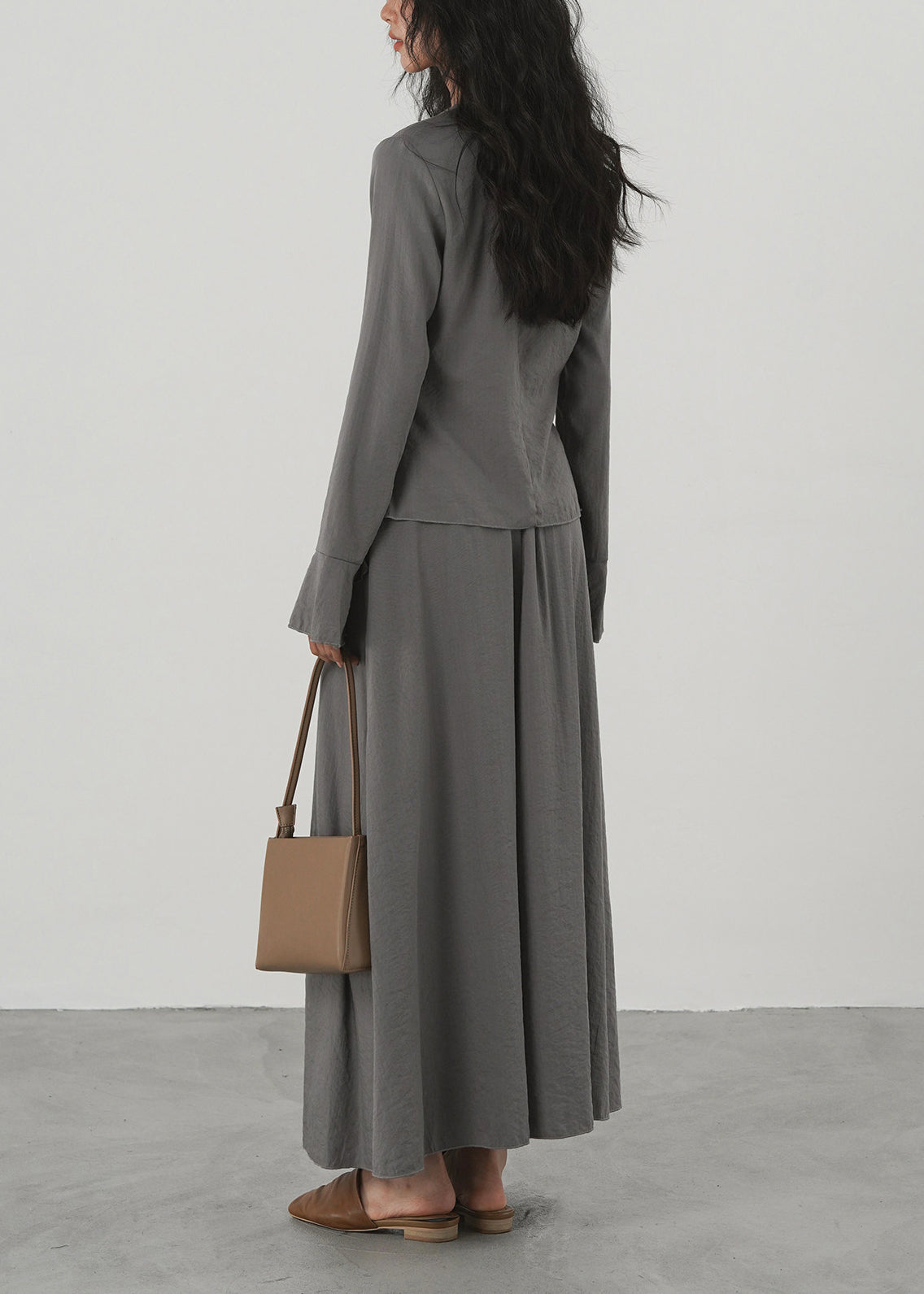 Stylish Grey V Neck Asymmetrical Ruffled Two Pieces Set Long Sleeve