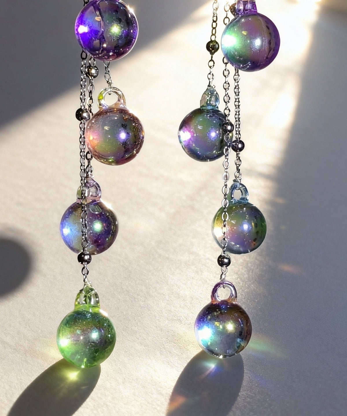 Stylish Iridescent Bubble Round Bead Silver Needle Acrylic Tassel Drop Earrings